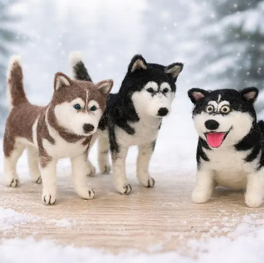 Raylume Handmade Needle-Felted Siberian Husky Trio